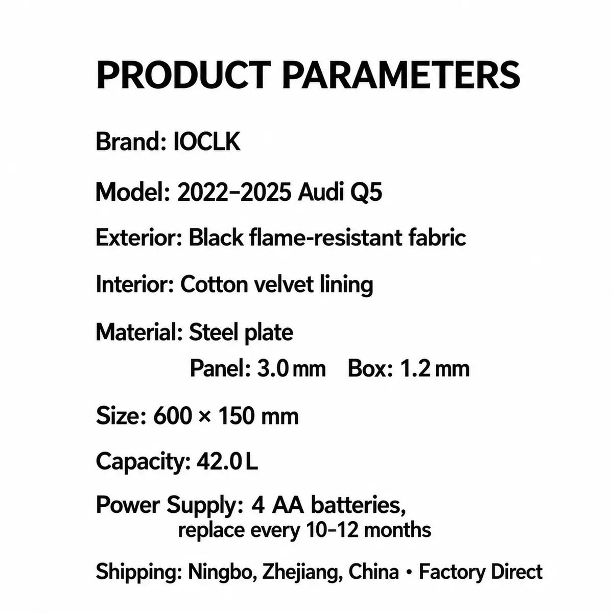 Audi Q5 hidden safe product specifications showing steel construction, dimensions, capacity and power supply details