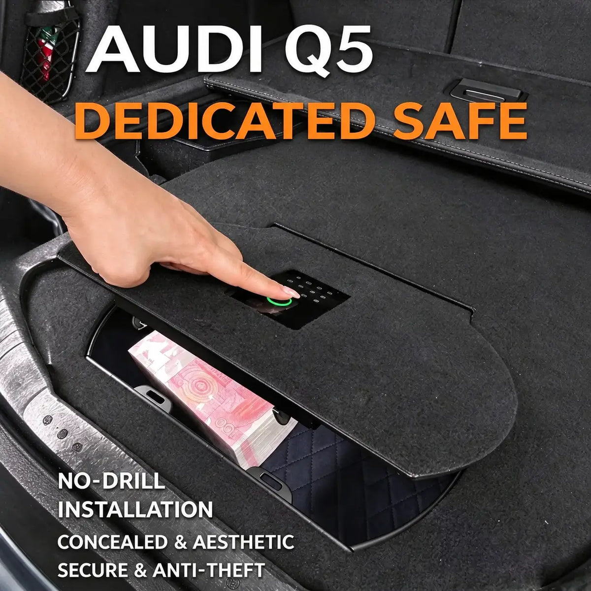 Custom hidden safe storage solution integrated into Audi Q5 trunk space