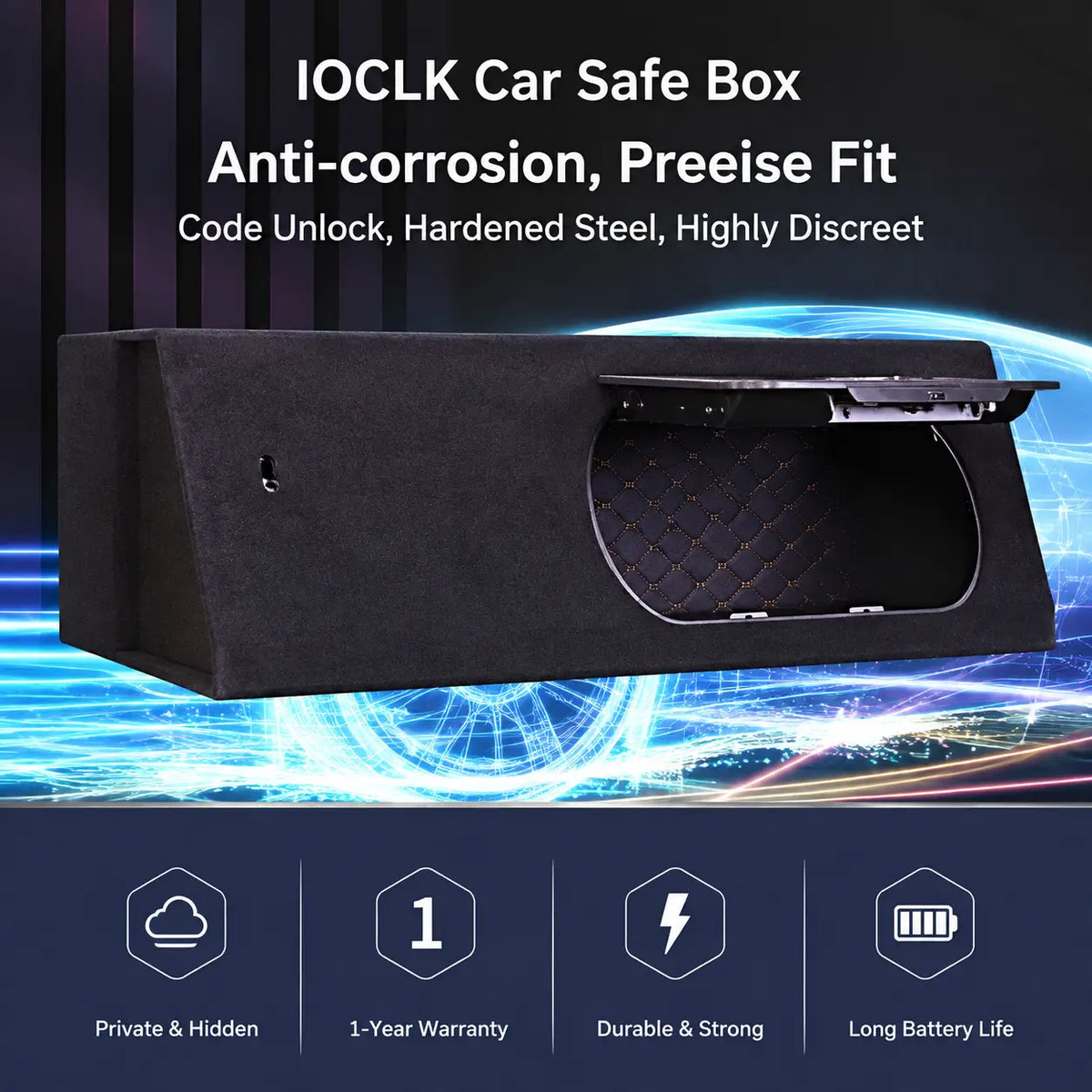 IOCLK car trunk safe box with hardened steel construction and concealed vehicle storage design