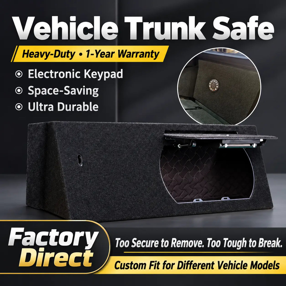 IOCLK vehicle trunk safe with electronic keypad, custom fit design and secure hidden storage solution