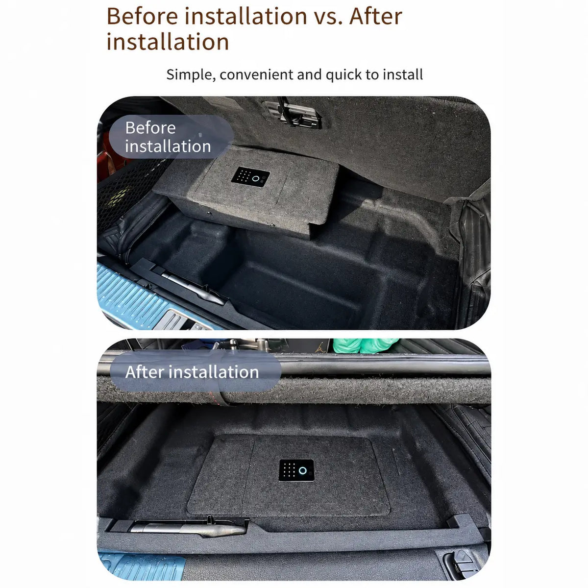 Maybach S480 hidden safe before and after installation showing concealed trunk integration