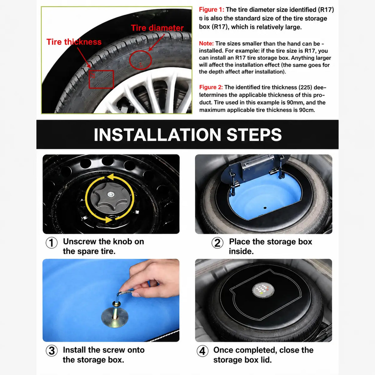 Spare tire hidden storage box installation steps showing vehicle trunk installation process