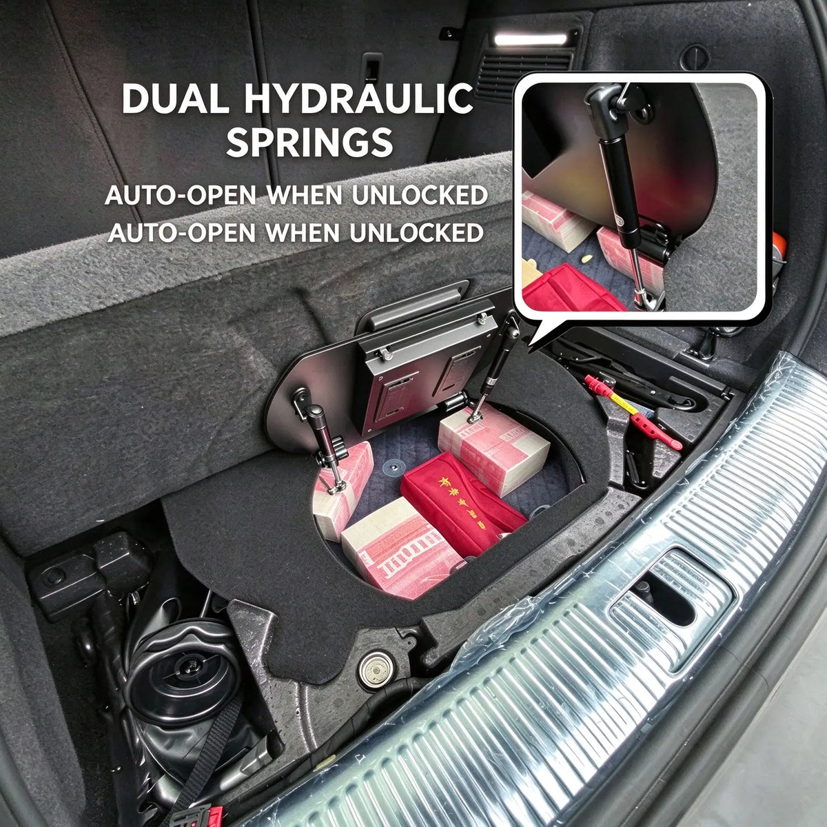 Tesla Model Y hidden safe with dual hydraulic springs for smooth automatic opening and secure storage