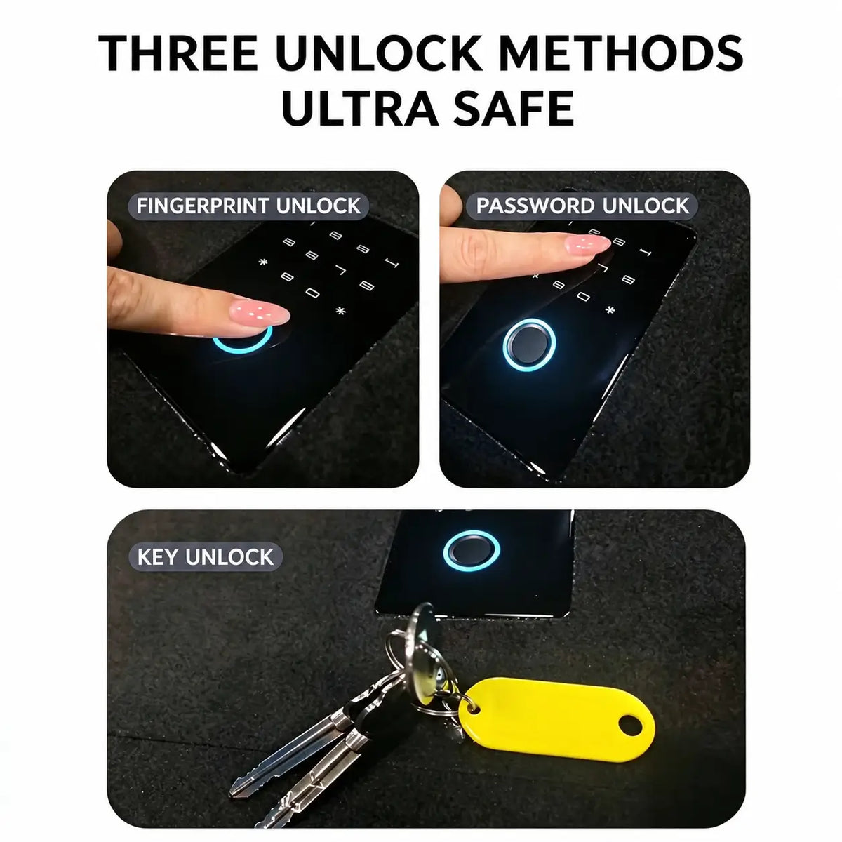 Tesla Model Y hidden safe featuring fingerprint unlock, password access and mechanical key security