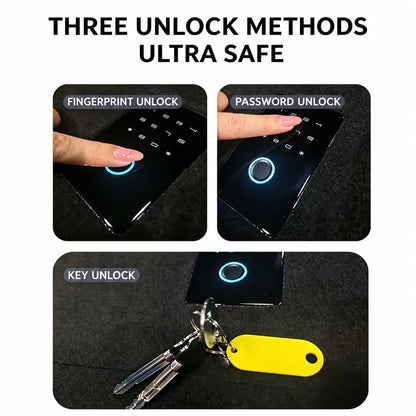 Tesla Model Y hidden safe featuring fingerprint unlock, password access and mechanical key security